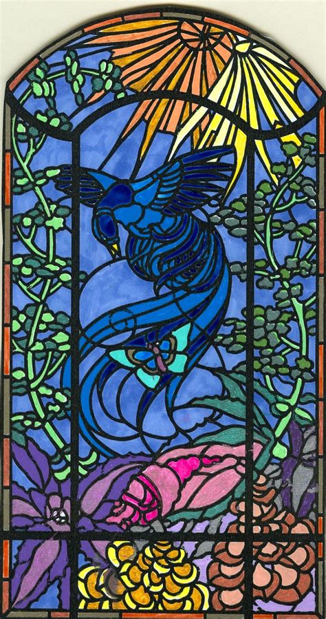 A Stained Glass Window With An Image Of A Bird In The Sky And Flowers Behind It