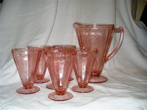 Vintage Pink Depression Glass Lemonade Pitcher And Glasses
