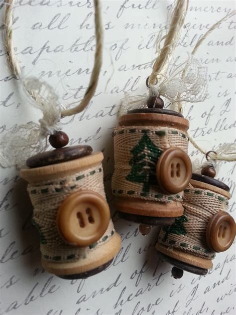 Christmas Ornament Vintage Wooden Spools With Christmas Tree