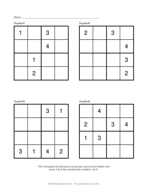 Printable Sudoku Puzzles For Kids 4x4 Easy
