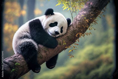 Panda Bear Sleeping On A Tree Branch China Wildlife Cute Lazy Baby Panda Sleeping In The
