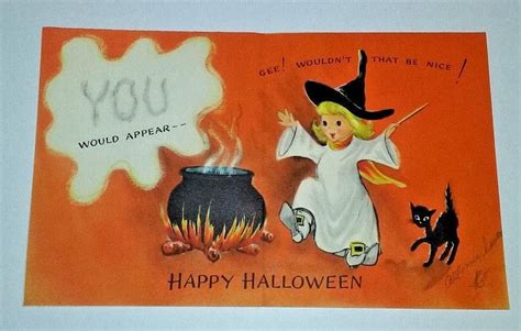 Vintage Hallmark Halloween Card Witch Cauldron And Black Cat ~ 1950s