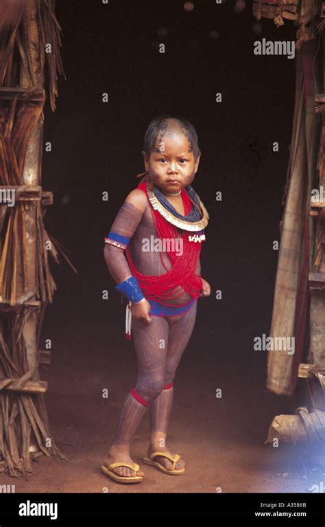 A Ukre Village Brazil Kayapo Girl With Beads And Black Body Paint Xingu