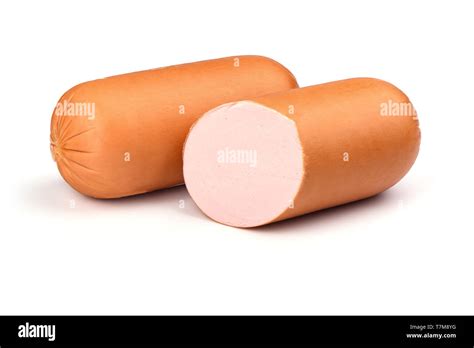 two boiled sausage isolated on a white background traditional russian sausage close up copy