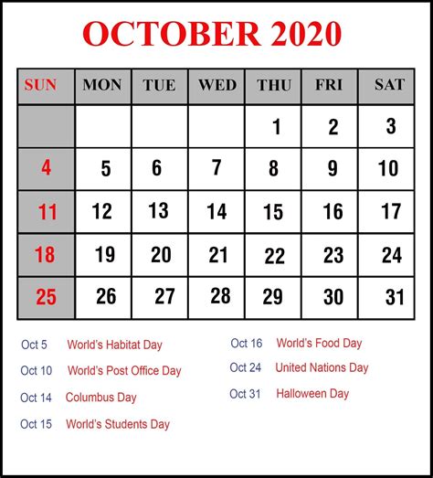 October 2020 Calendar With Holidays Printable Template
