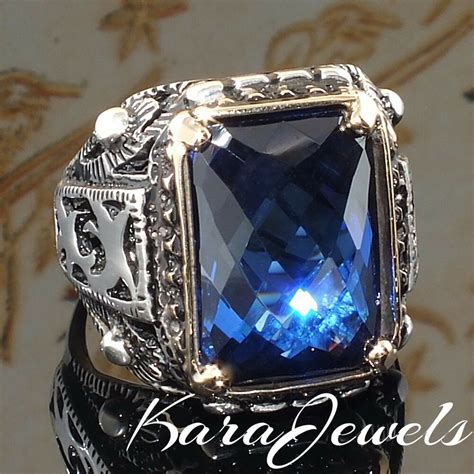 Paired together, the two pieces of men's jewelry balance each other out for a look that says effortless urban cool. 925 Sterling Silver Mens Ring Blue Sapphire Unique ...