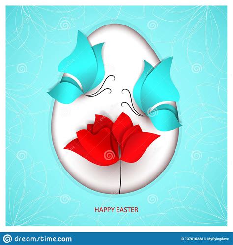 Easter Paper Cut Style Egg On Blue Color Background With Butterflies