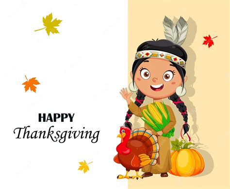 Premium Vector Thanksgiving Day Greeting Card With American Indian Girl Cute Cartoon