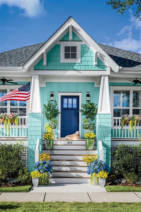 A Dog Is Laying On The Front Steps Of A Blue House With Flowers And Plants