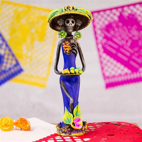 Day Of The Dead Catrina Ceramic Figurine In Blue Dress Catrina With