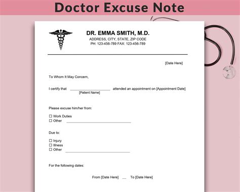 Fillable Doctor Excuse Note, Drs Note for Work, School Excuse Note
