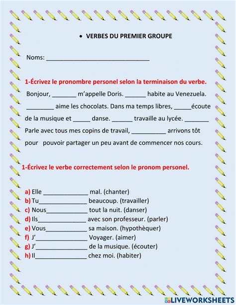 Articles Et Verbes En Er Interactive Worksheet French Language Sexiz