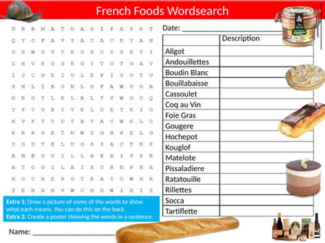 French Foods Wordsearch Sheet Starter Activity Keywords Cover Food