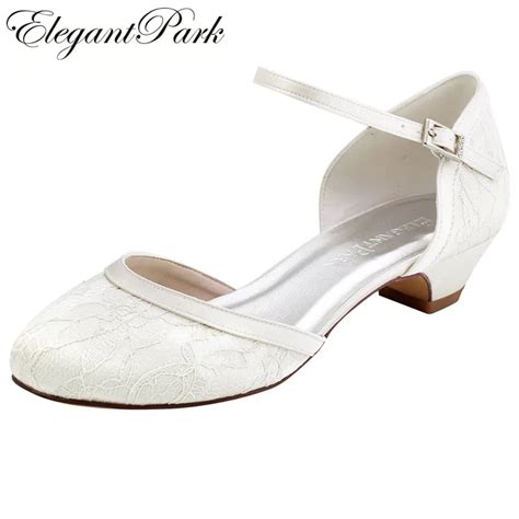 Women Shoes Wedding White Ivory Low Chuck Heel Comfort Round Toe Buckle
