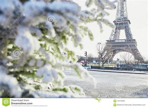 Christmas Tree Covered With Snow Near Eiffel Tower Stock Image Image
