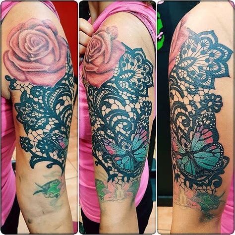 Lace Tattoo With Rose And Butterfly Rose And Butterfly Tattoo Tattoos Lace Tattoo