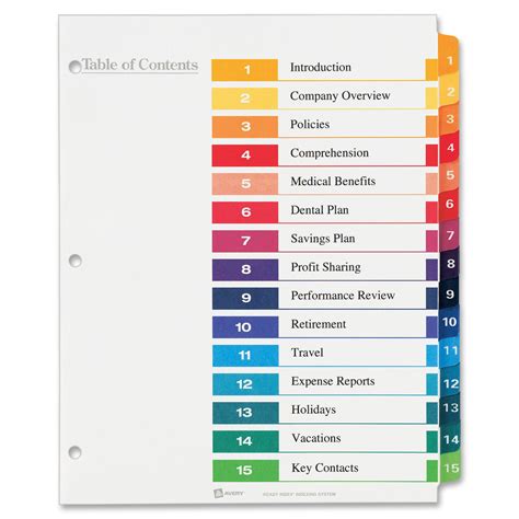 A table of contents at the beginning of the article proves to be useful in these cases. Avery® Ready Index 15 Tab Dividers, Customizable TOC, 6 ...