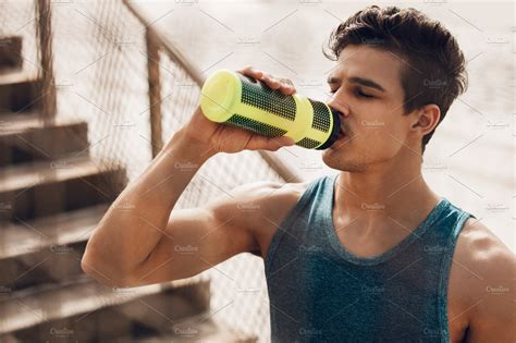 Runner Drinking Water Containing Athlete Beach And Body Sports