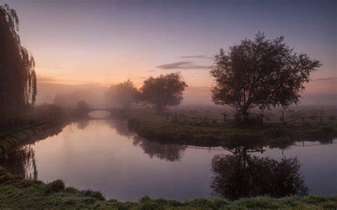 Nature Landscape Sunrise Mist River Trees Grass Bridge Fence