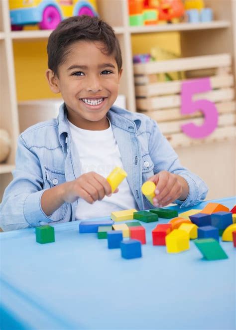 Cute Little Boy Playing With Building Blocks Stock Image Image Of