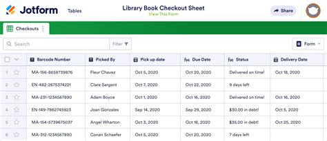 Library Book Checkout Sheet Template Jotform Tables