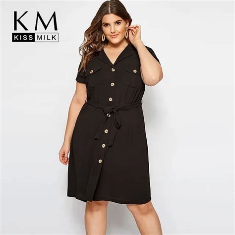 kissmilk plus size women dress solid black shirt style natural waist single breasted with pocket