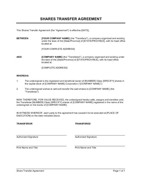 Shares Transfer Agreement Short Template By Businessinabox™ Stock
