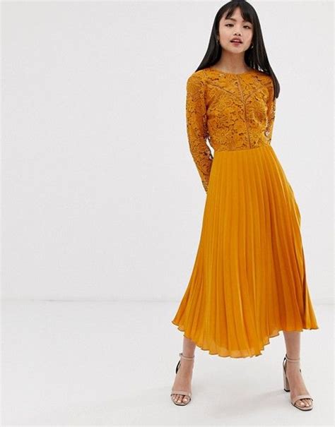 Asos Design Petite Long Sleeve Lace Bodice Midi Dress With Pleat Skirt