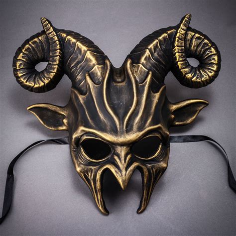 Animal Krampus Ram Horns Demon Devil Mask Costume Black Gold