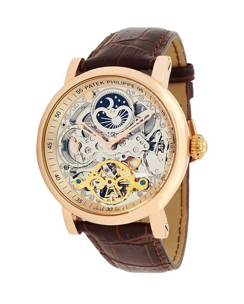 Patek Philippe Skeleton Automatic Brown Leather Strap Mens Watch