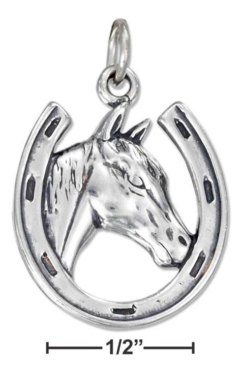 Horse Head In Horseshoe Charm Sterling Silver Pendant Horseshoe