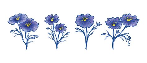 Set Of Hand Drawn Blue Flax Flowers Watercolor Clip Art Vector Graphics