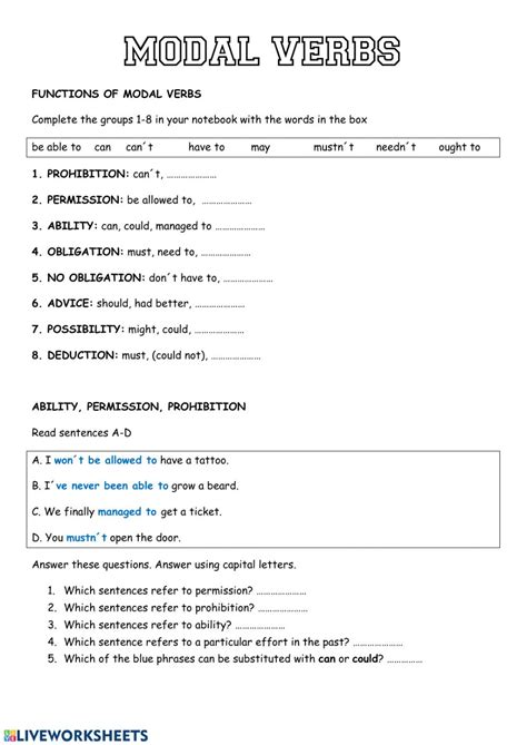 Modals Modal Verbs Exercise Pdf