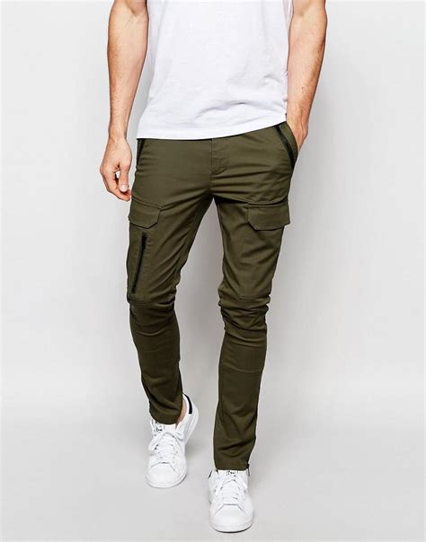 Asos Super Skinny Trousers With Zip Cargo Pockets In Khaki In Green For