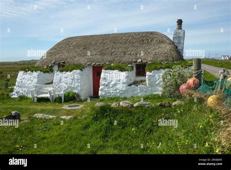 Traditional Thatched Blackhouse On The Island Of Tiree Scotland Uk