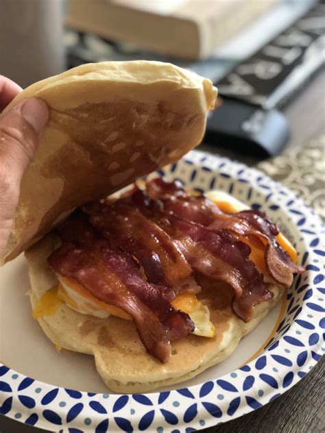 Fried Egg Colby Jack Cheese Bacon And Pancake Sandwich With Syrup