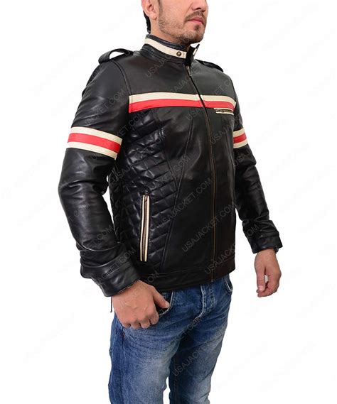 Karen gillan gunpowder milkshake jacket. Mens Slimfit Red And White Striped Biker Leather Jacket