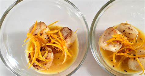 Saint - jacques sautées au beurre noisette avec beurre à lorange et