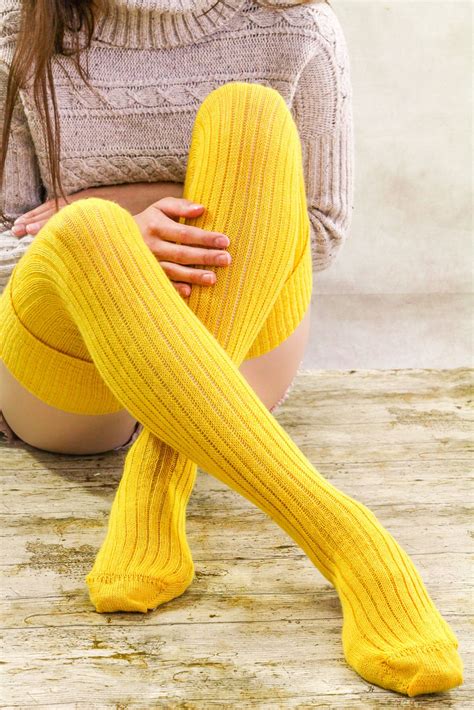 Autumn Canary Yellow Wool Thigh High Socks Extra Long Unisex Ribbed Over The Knee Socks Better