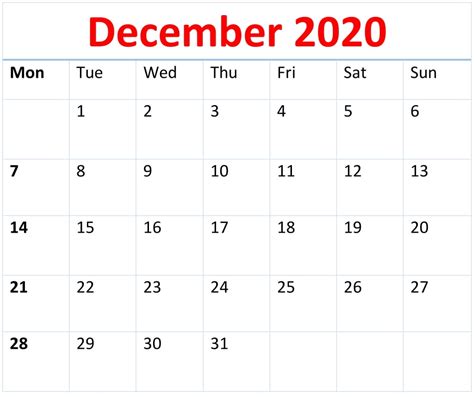 December 2020 Calendar Pdf Word Excel Template