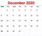December 2020 Calendar PDF, Word , Excel Template