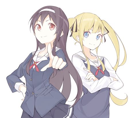 safebooru 2girls blonde hair blue eyes brown hair collarbone crossed arms fang hairband