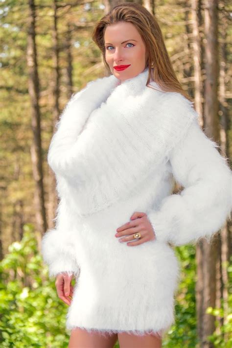 New White Hand Knitted Mohair Sweater Dress Fuzzy Cowlneck Tunic