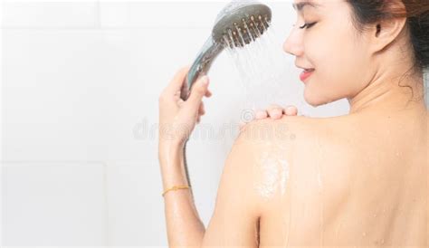 Asian Women Portrait Of Happy Girl Taking Shower With Gel Stock Image