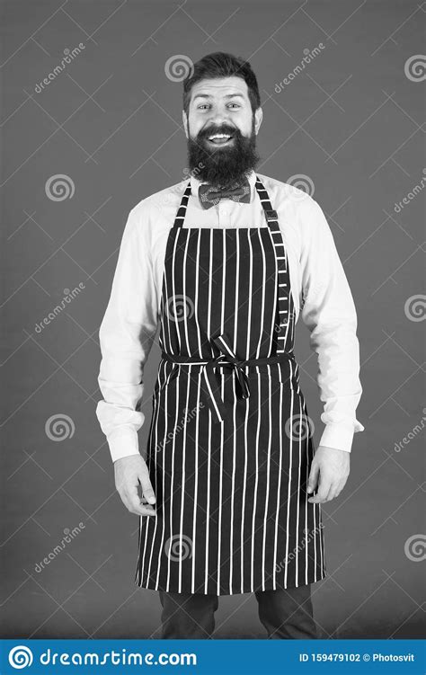 Hipster Cafe Concept Man With Beard Cook Hipster Apron Hipster Chef Cook Red Background
