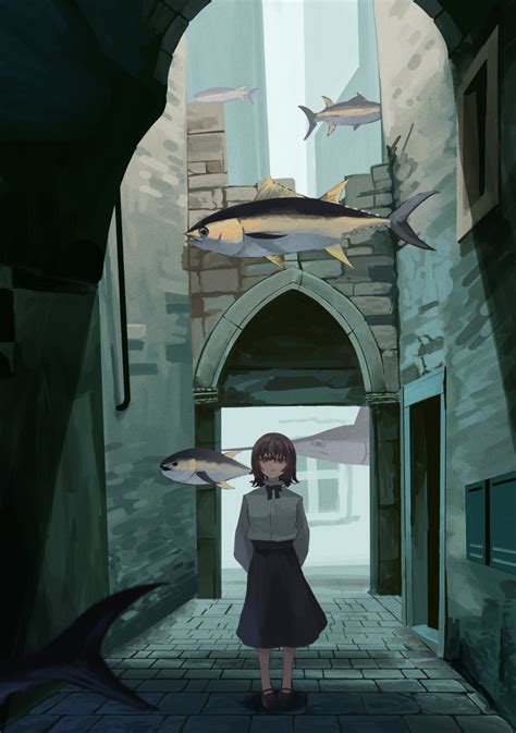 Safebooru 1girl Abandoned Absurdres Alley Arms Behind Back Blue Skirt