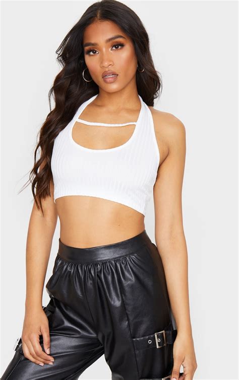 White Rib Halterneck Cut Out Crop Top Tops Prettylittlething