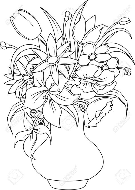 Printable bouquet of flowers coloring page. Bouquet of summer flowers in a white vase, vector and ...