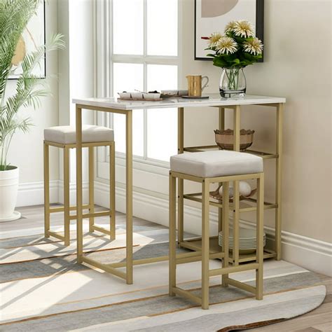 3 Pieces Pub Set Modern Brass Compact Pub Dining Set With Faux Marble