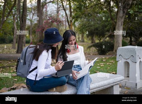 College Friends Having Break After Classes And Siting Together On Bench